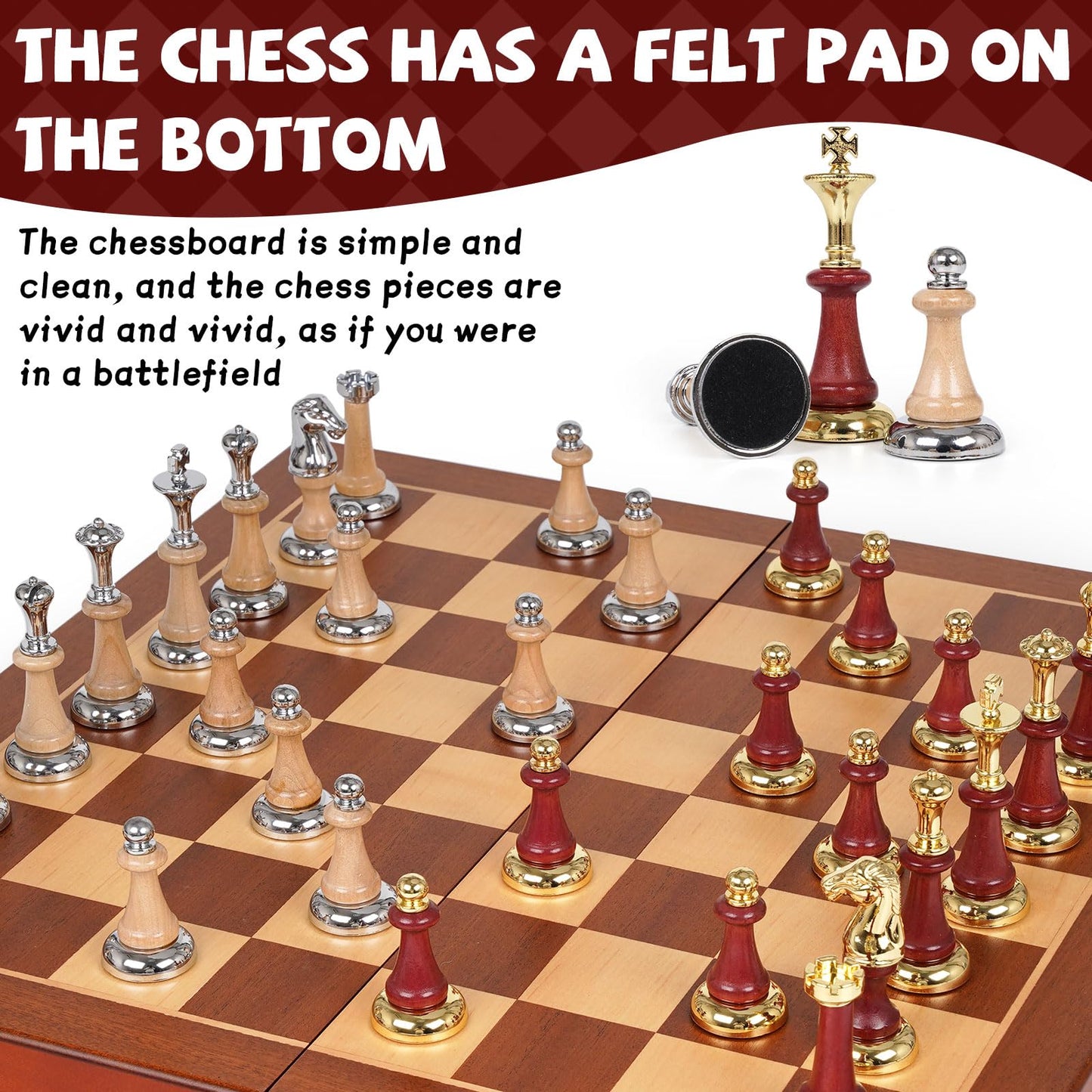 Kvintes Large Wooden Chess Set — 17-Inch Board, Metal & Wooden Pieces, 2 Extra Queens