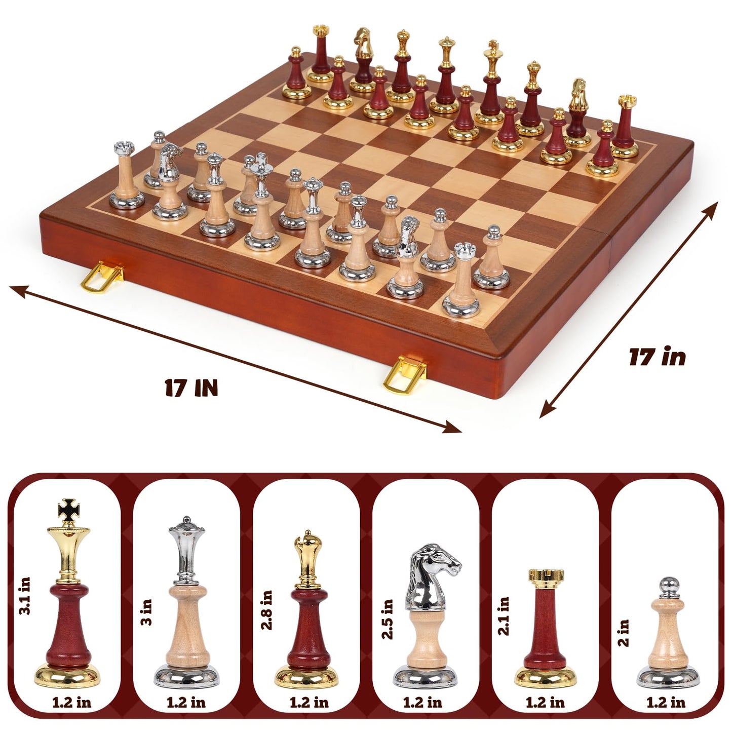 Kvintes Large Wooden Chess Set — 17-Inch Board, Metal & Wooden Pieces, 2 Extra Queens
