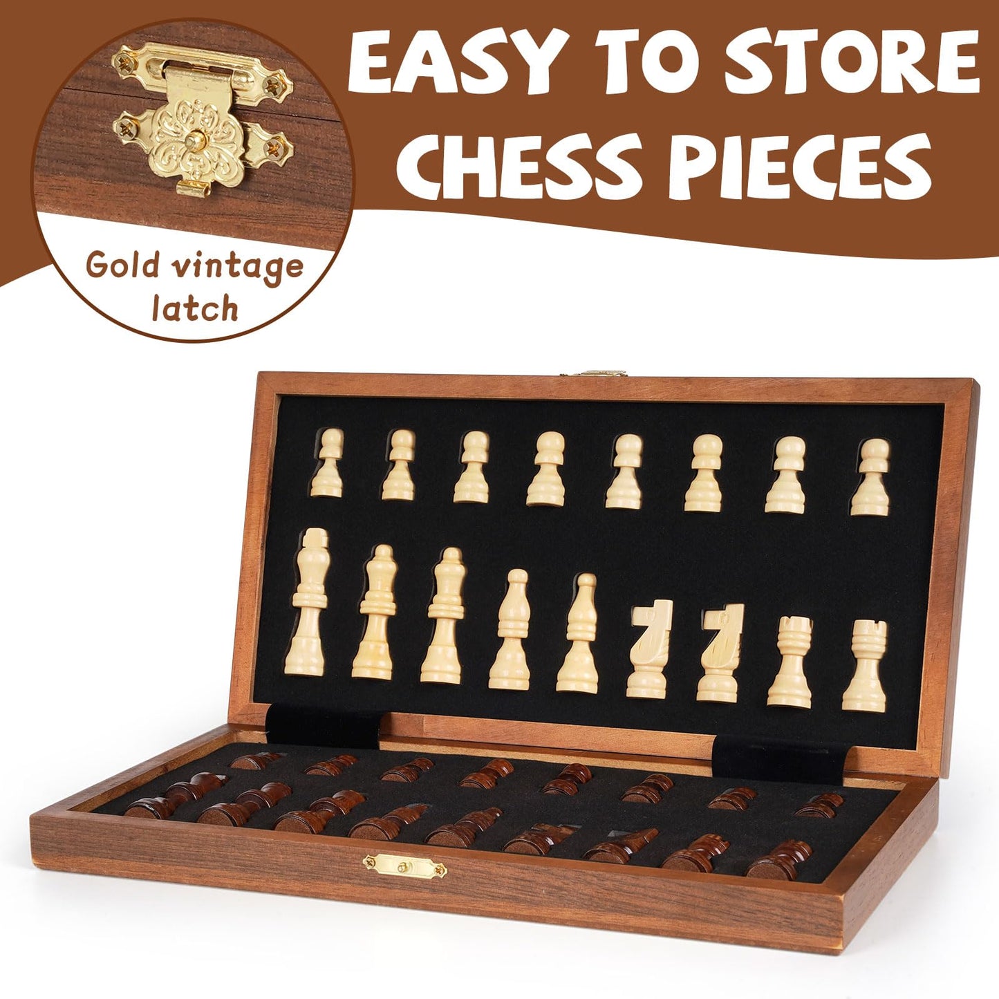 Kvintes Magnetic Travel Chess Set — 12-Inch Folding Wooden Board with Extra Queen