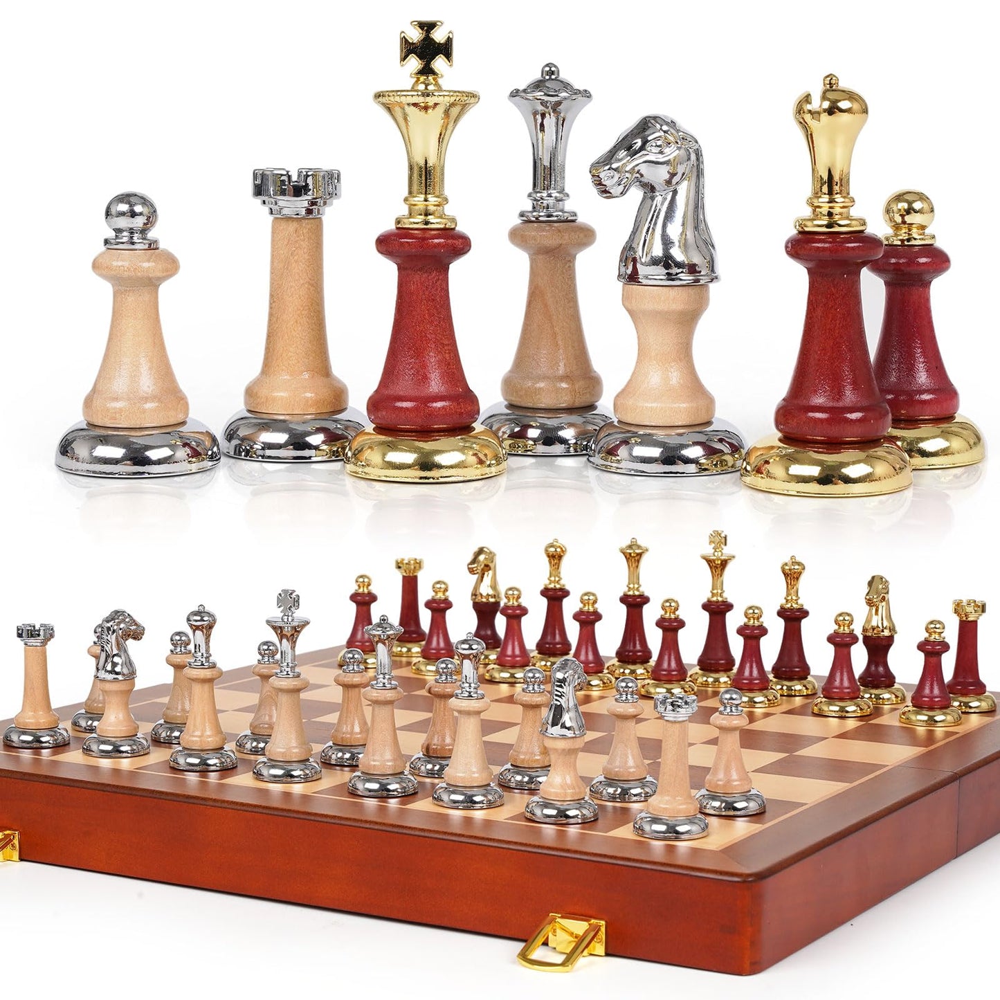 Kvintes Large Wooden Chess Set — 17-Inch Board, Metal & Wooden Pieces, 2 Extra Queens