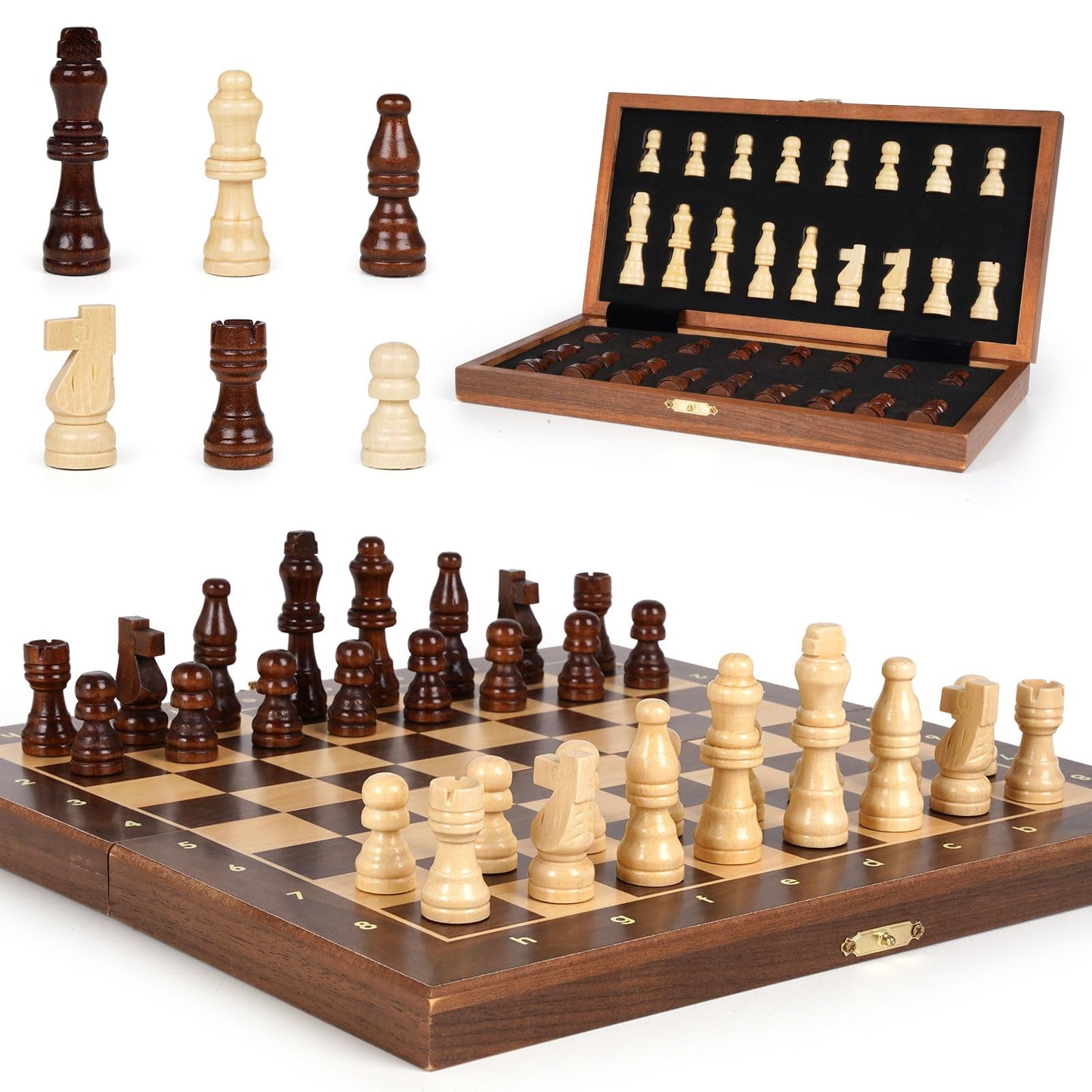 Kvintes Magnetic Travel Chess Set — 12-Inch Folding Wooden Board with Extra Queen