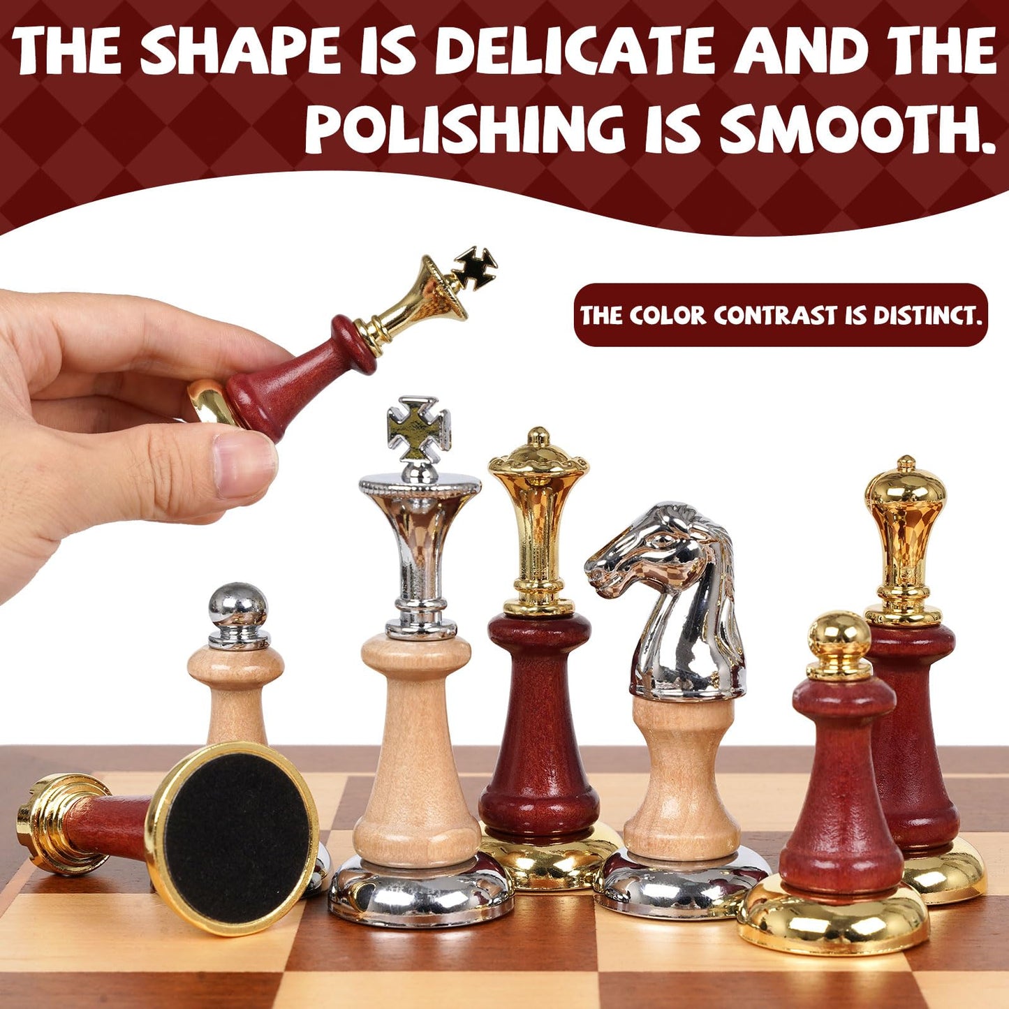 Kvintes Large Wooden Chess Set — 17-Inch Board, Metal & Wooden Pieces, 2 Extra Queens