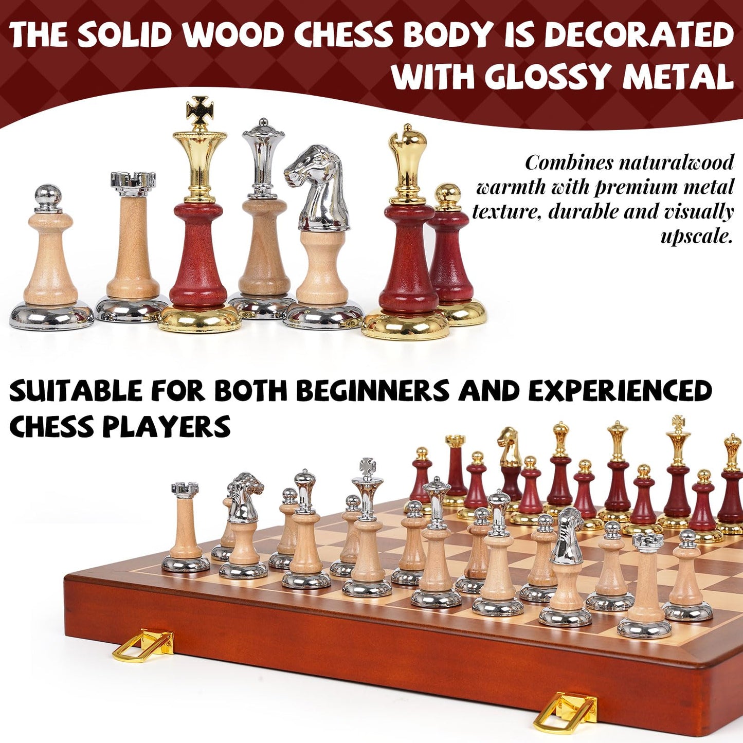 Kvintes Large Wooden Chess Set — 17-Inch Board, Metal & Wooden Pieces, 2 Extra Queens