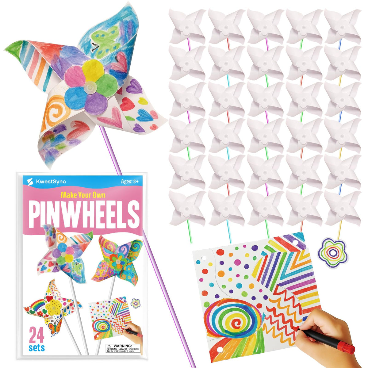 KwestSync 24 Pack DIY Pinwheels Kit – STEM Crafts for Kids, Classroom & Party Favors