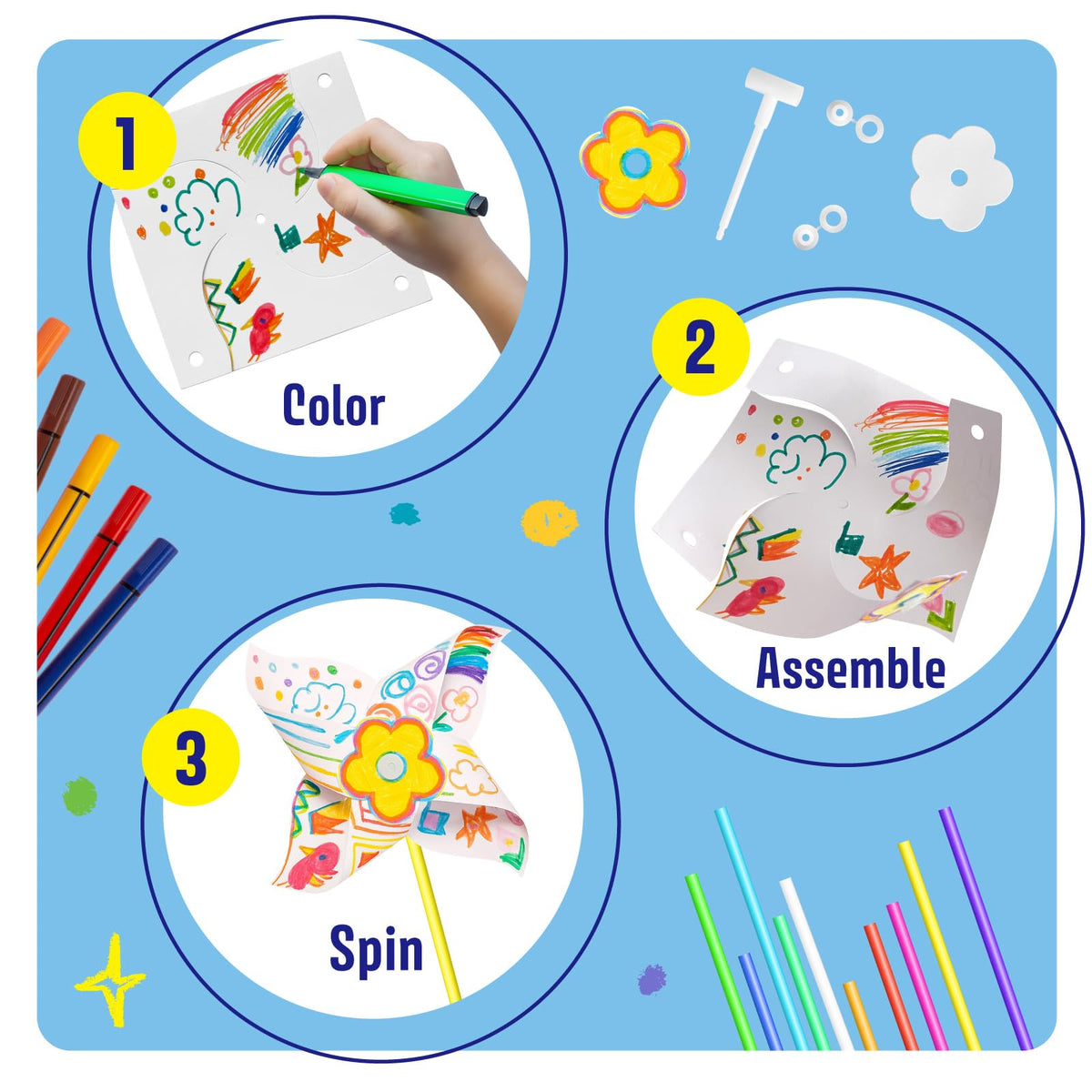KwestSync 24 Pack DIY Pinwheels Kit – STEM Crafts for Kids, Classroom & Party Favors
