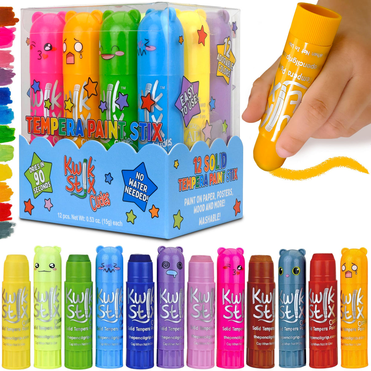 Kwik Stix Cuties Washable Paint Sticks – 12 Non-Toxic Quick-Dry Tempera (The Pencil Grip)