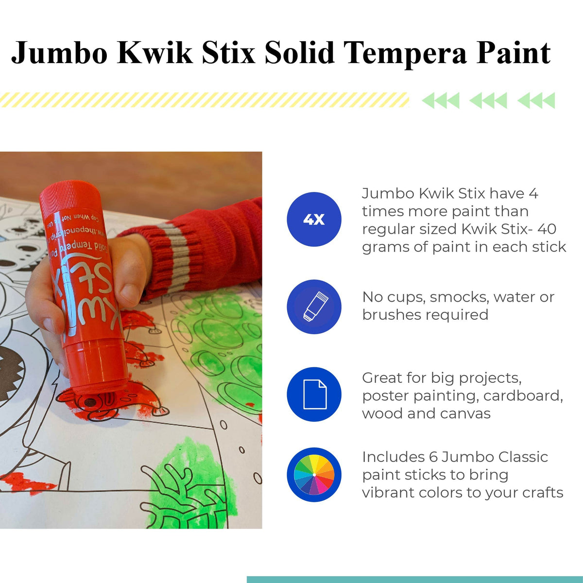 Kwik Stix Jumbo Tempera Paint Pens – 6 Colors, 40g Each, 90-Second Dry Time | The Pencil Grip TPG-646