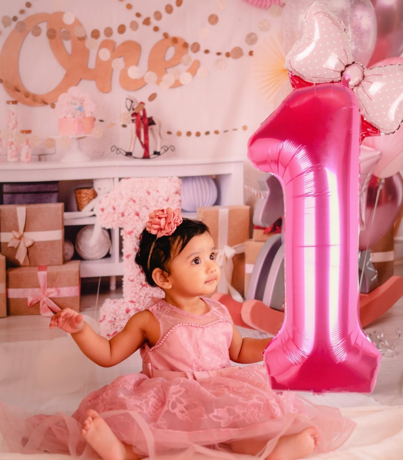 Kwuz 40 Inch Pink Number 1 Balloon with Mini Bow – 1st Birthday Party Decorations
