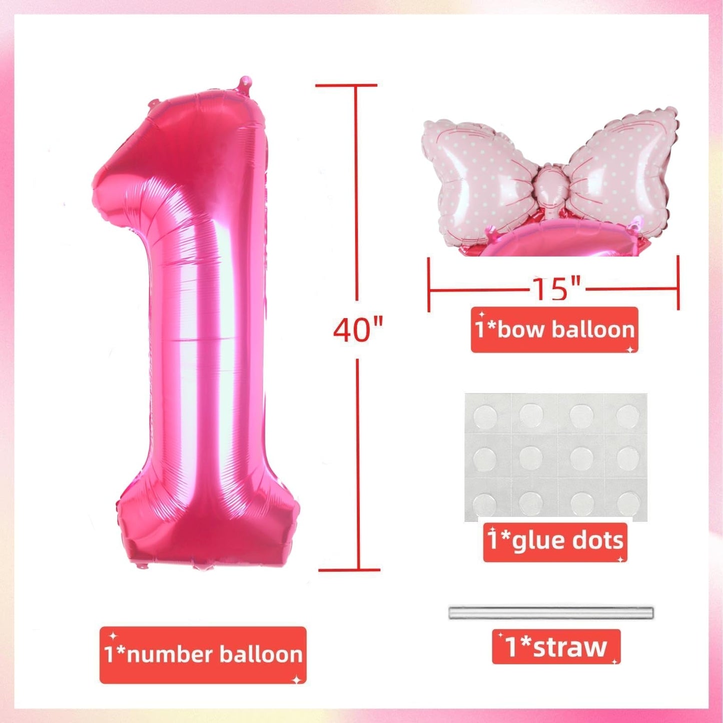 Kwuz 40 Inch Pink Number 1 Balloon with Mini Bow – 1st Birthday Party Decorations
