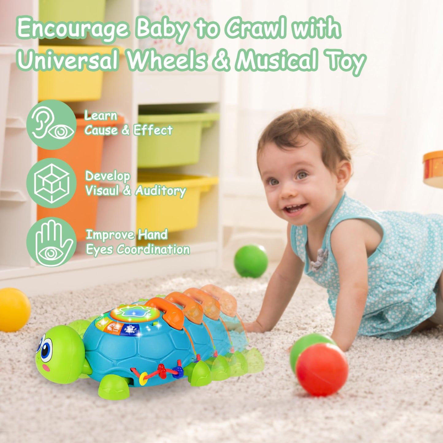 KWYZ Musical Turtle Crawling Toy – Light & Sound Baby Toy for 0-18 Months