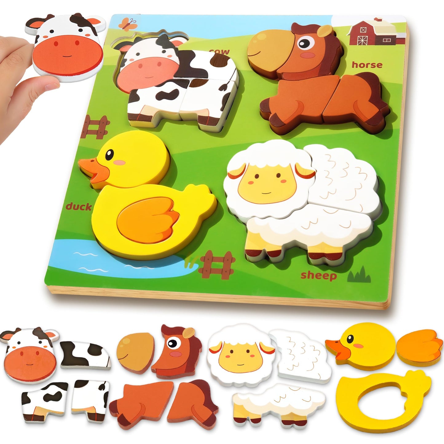 Kyerivs Farm Animal Wooden Puzzle – 4-in-1 Montessori Toy for Toddlers (Ages 2-5)