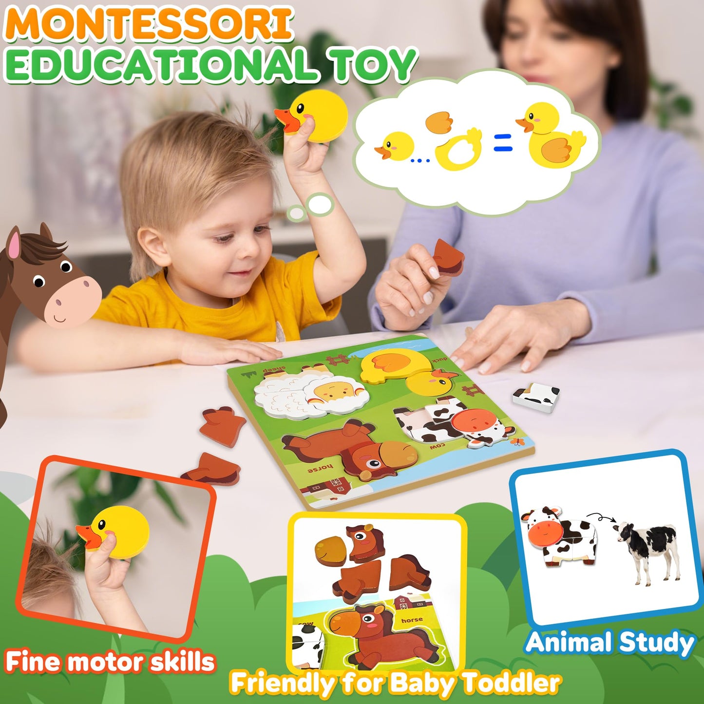 Kyerivs Farm Animal Wooden Puzzle – 4-in-1 Montessori Toy for Toddlers (Ages 2-5)