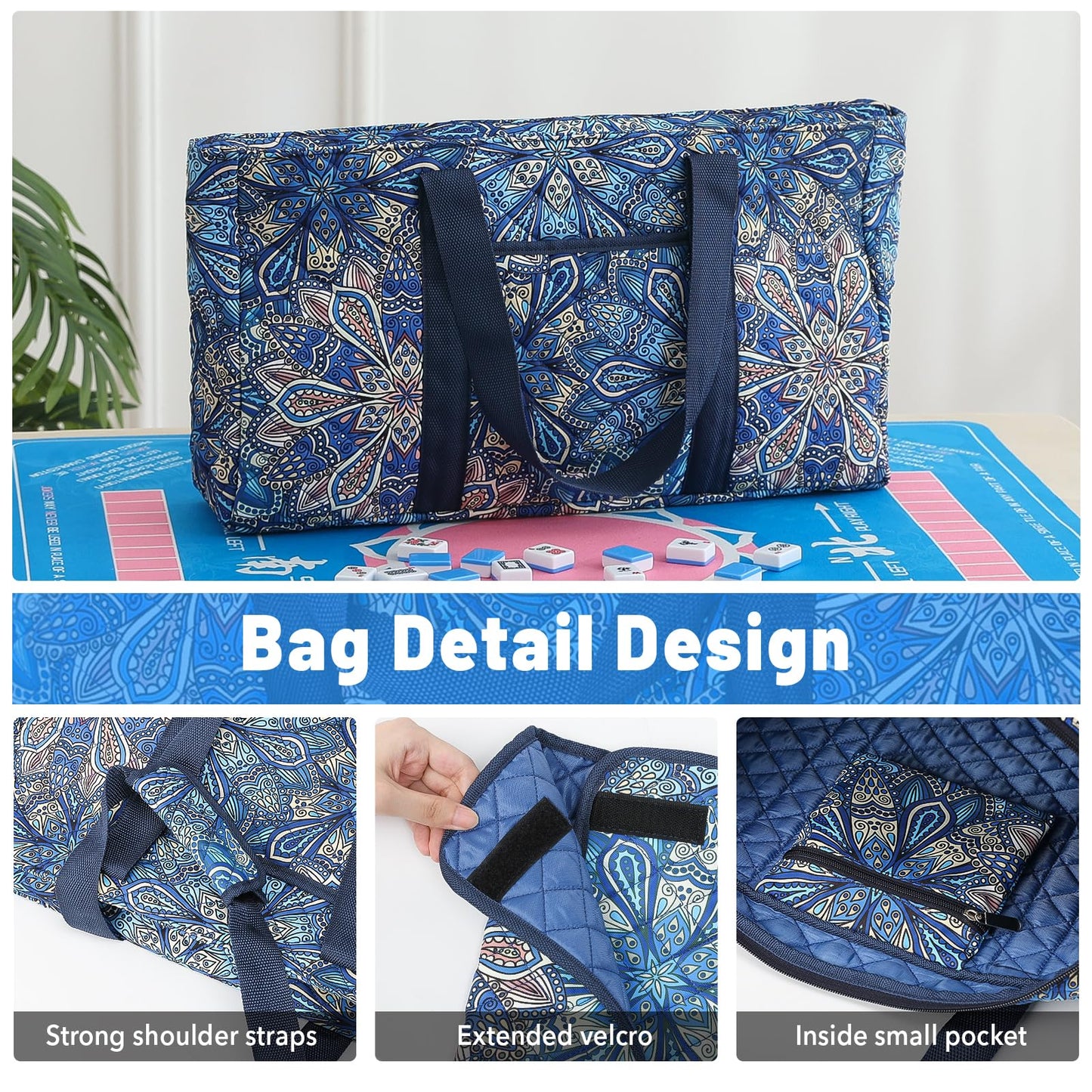 Kyerlish American Mahjong Tile Set — 166 Premium Tiles, Blue Printed Carrying Bag, 4 All-in-One Racks/Pushers