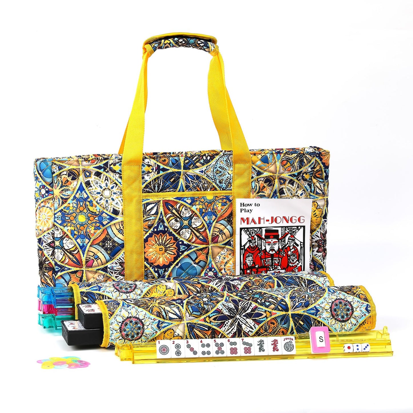 Kyerlish American Mahjong Tile Set with Yellow Carrying Bag – 166 Blue Tiles, 4 Racks/Pushers, Travel Mah Jongg Set