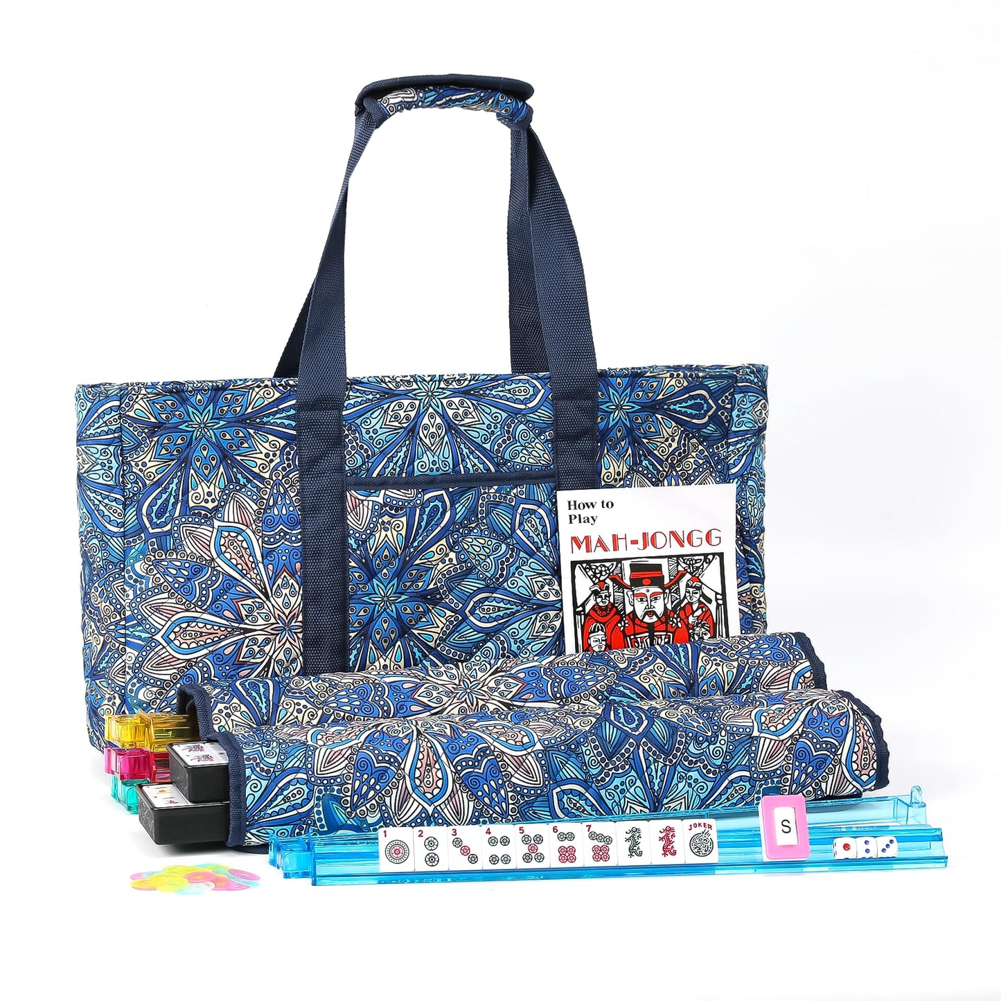 Kyerlish American Mahjong Tile Set — 166 Premium Tiles, Blue Printed Carrying Bag, 4 All-in-One Racks/Pushers