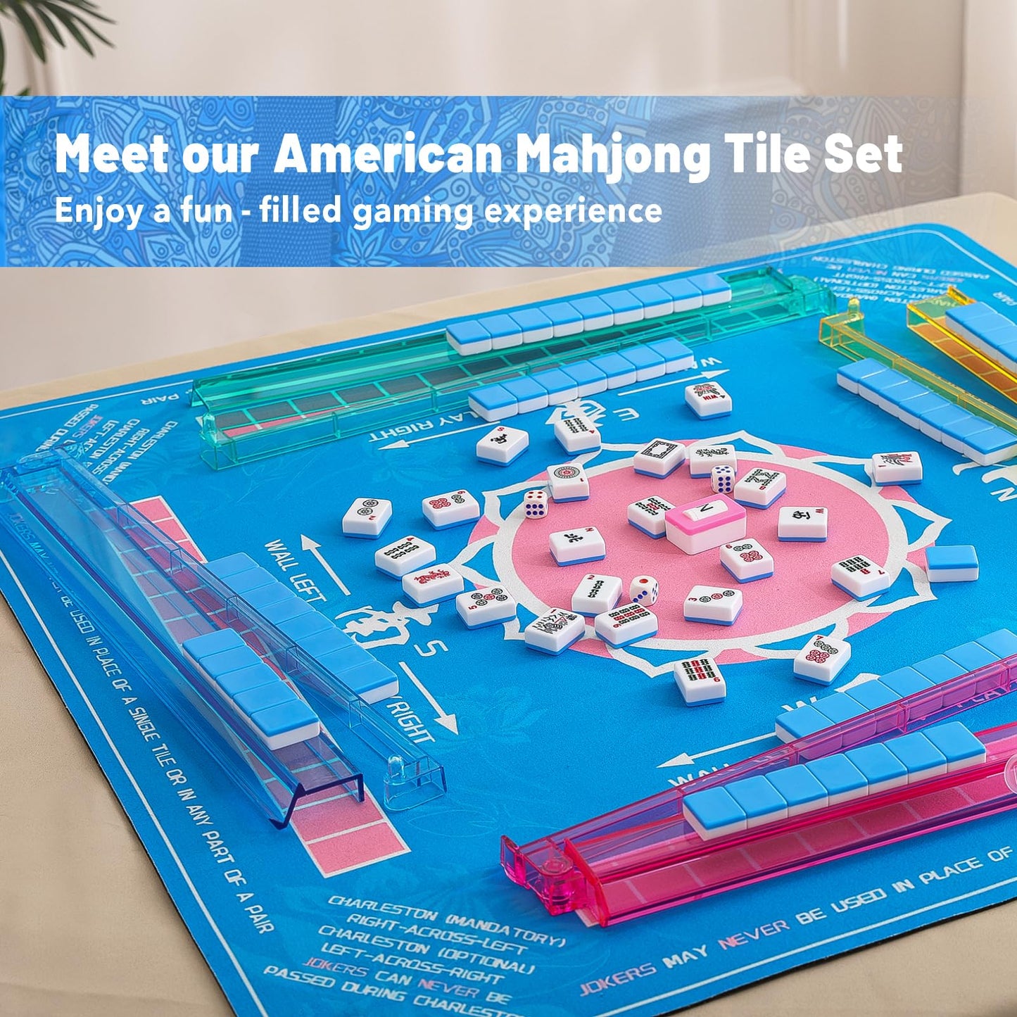 Kyerlish American Mahjong Tile Set — 166 Premium Tiles, Blue Printed Carrying Bag, 4 All-in-One Racks/Pushers