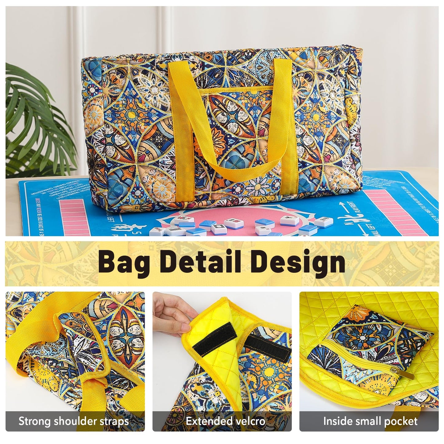 Kyerlish American Mahjong Tile Set with Yellow Carrying Bag – 166 Blue Tiles, 4 Racks/Pushers, Travel Mah Jongg Set