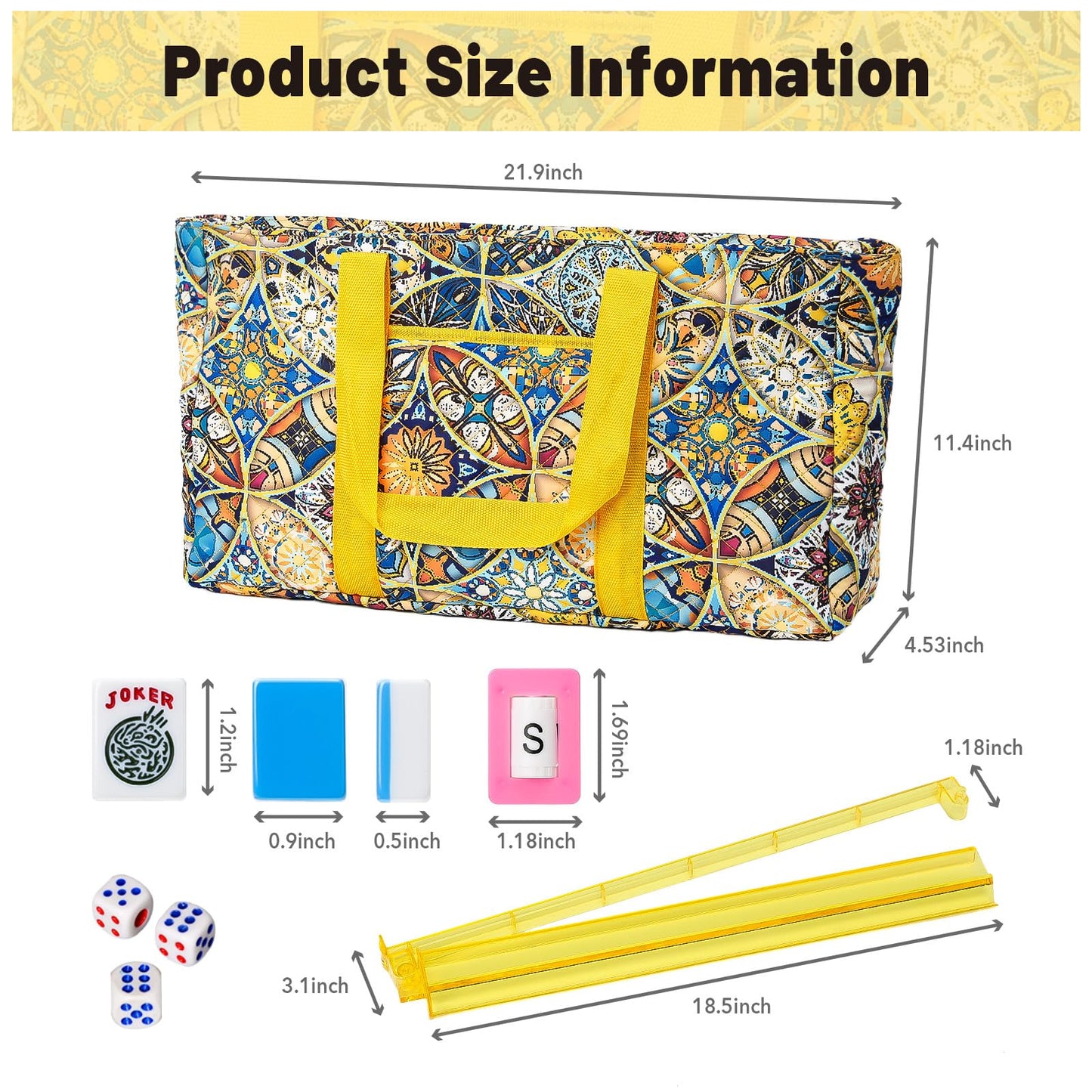 Kyerlish American Mahjong Tile Set with Yellow Carrying Bag – 166 Blue Tiles, 4 Racks/Pushers, Travel Mah Jongg Set