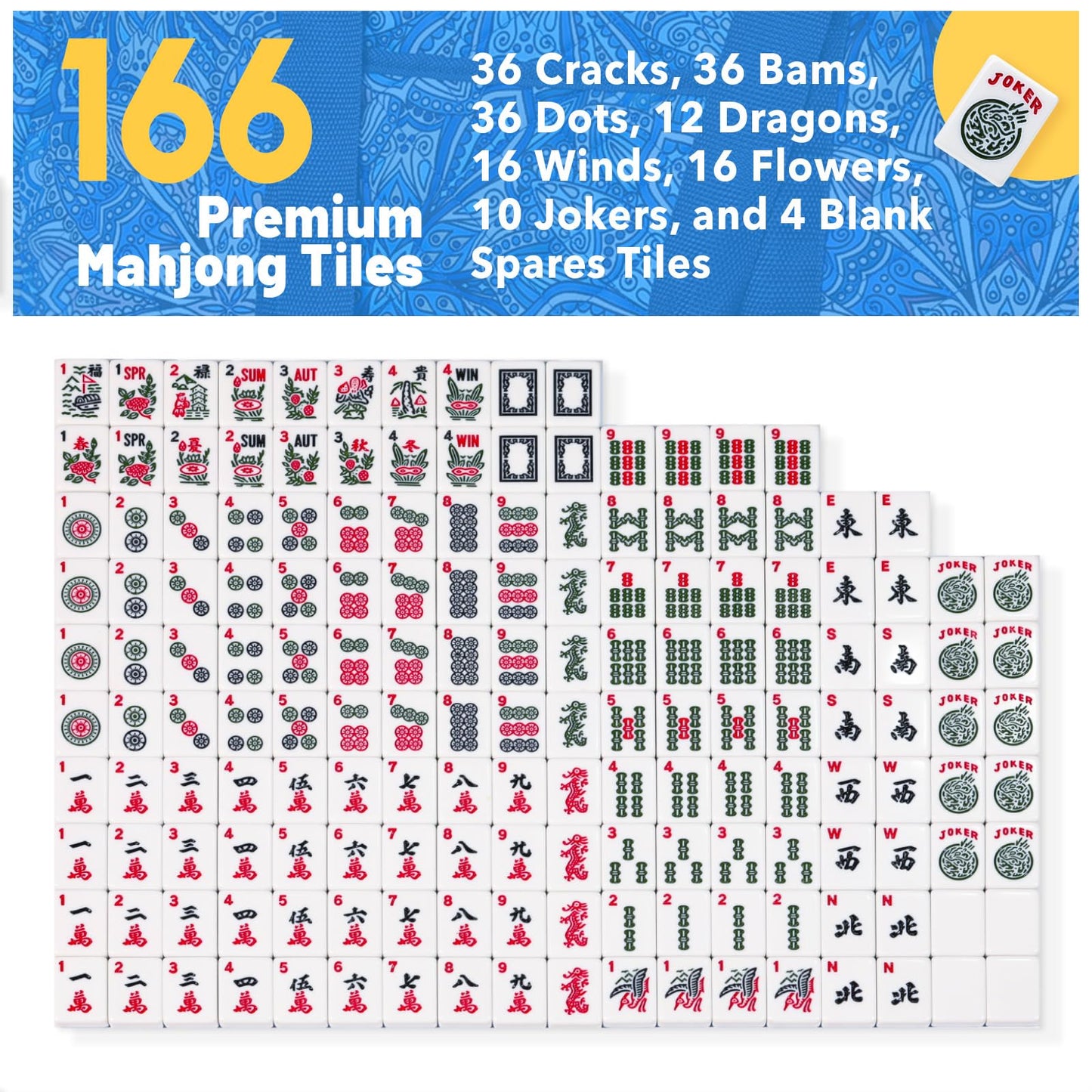 Kyerlish American Mahjong Tile Set — 166 Premium Tiles, Blue Printed Carrying Bag, 4 All-in-One Racks/Pushers