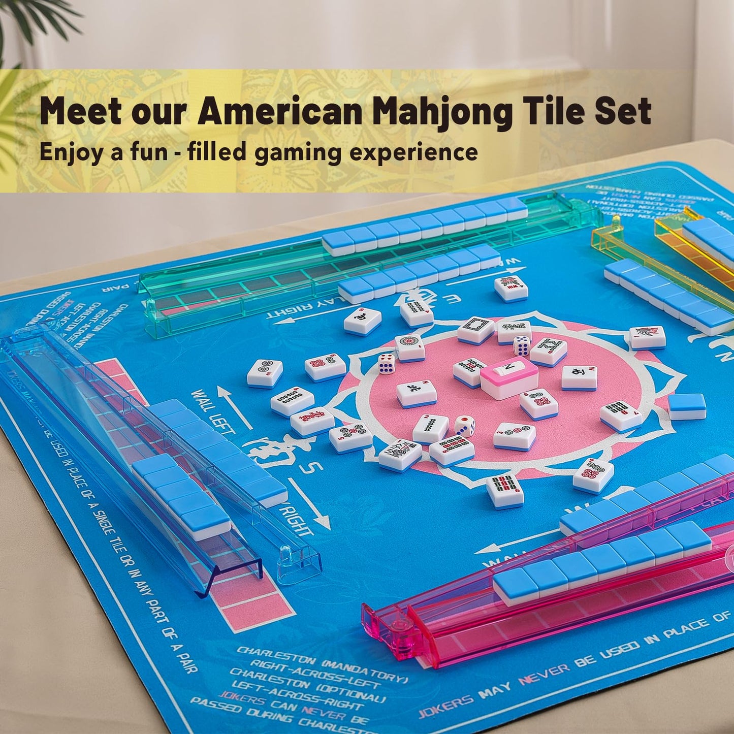 Kyerlish American Mahjong Tile Set with Yellow Carrying Bag – 166 Blue Tiles, 4 Racks/Pushers, Travel Mah Jongg Set