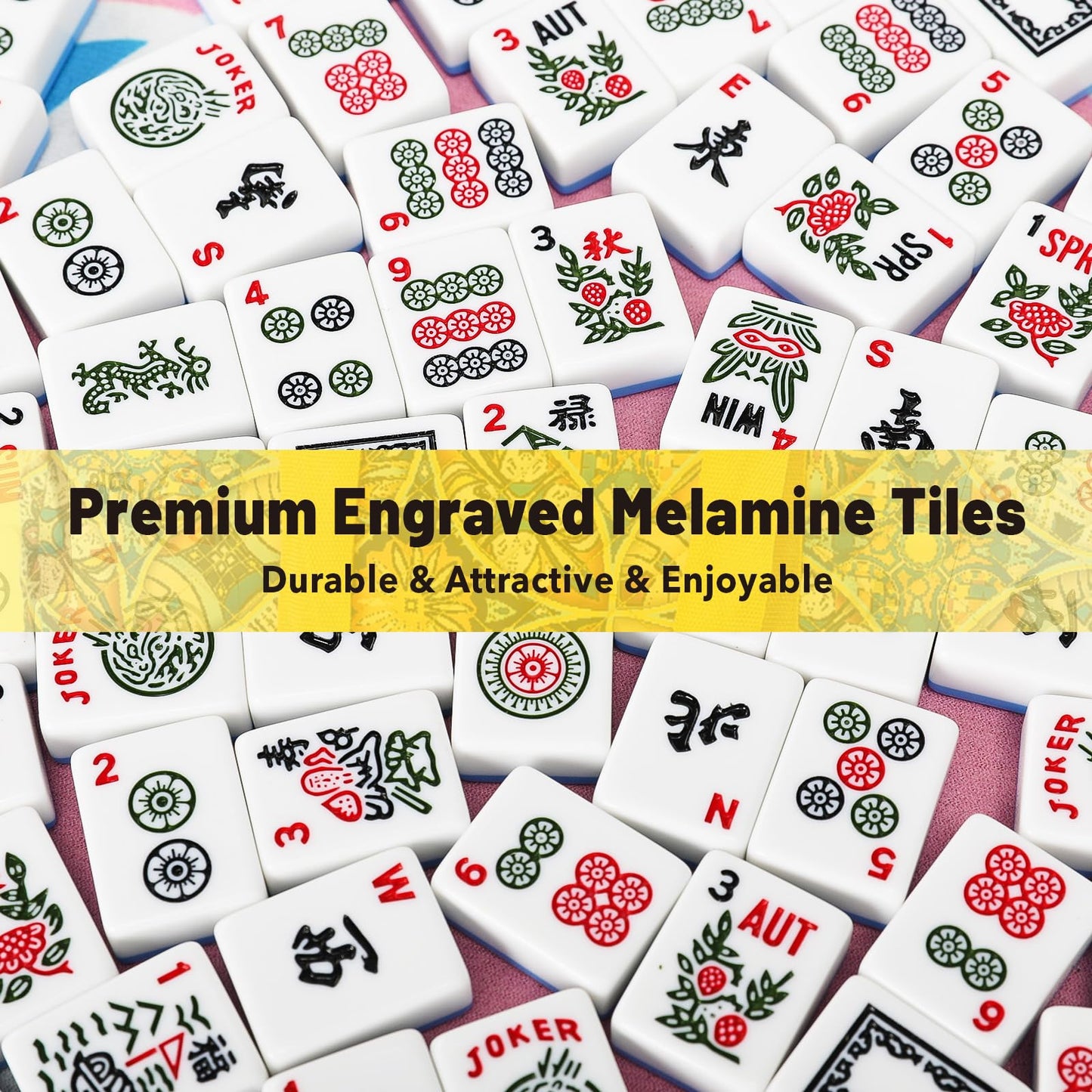 Kyerlish American Mahjong Tile Set with Yellow Carrying Bag – 166 Blue Tiles, 4 Racks/Pushers, Travel Mah Jongg Set