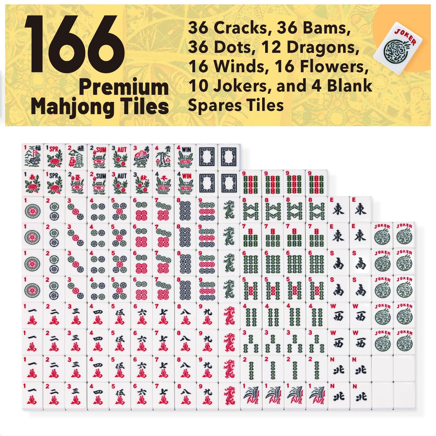 Kyerlish American Mahjong Tile Set with Yellow Carrying Bag – 166 Blue Tiles, 4 Racks/Pushers, Travel Mah Jongg Set