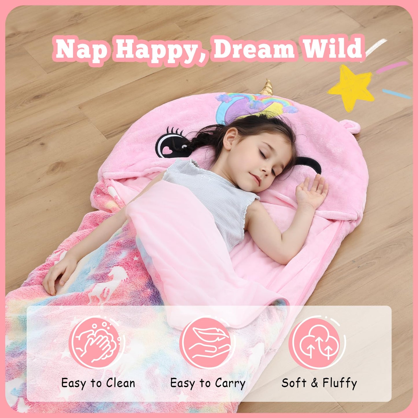 Kyerlish Kids Sleeping Bag – 2-in-1 Unicorn Plush Nap Mat (68 x 26), Ages 3–12