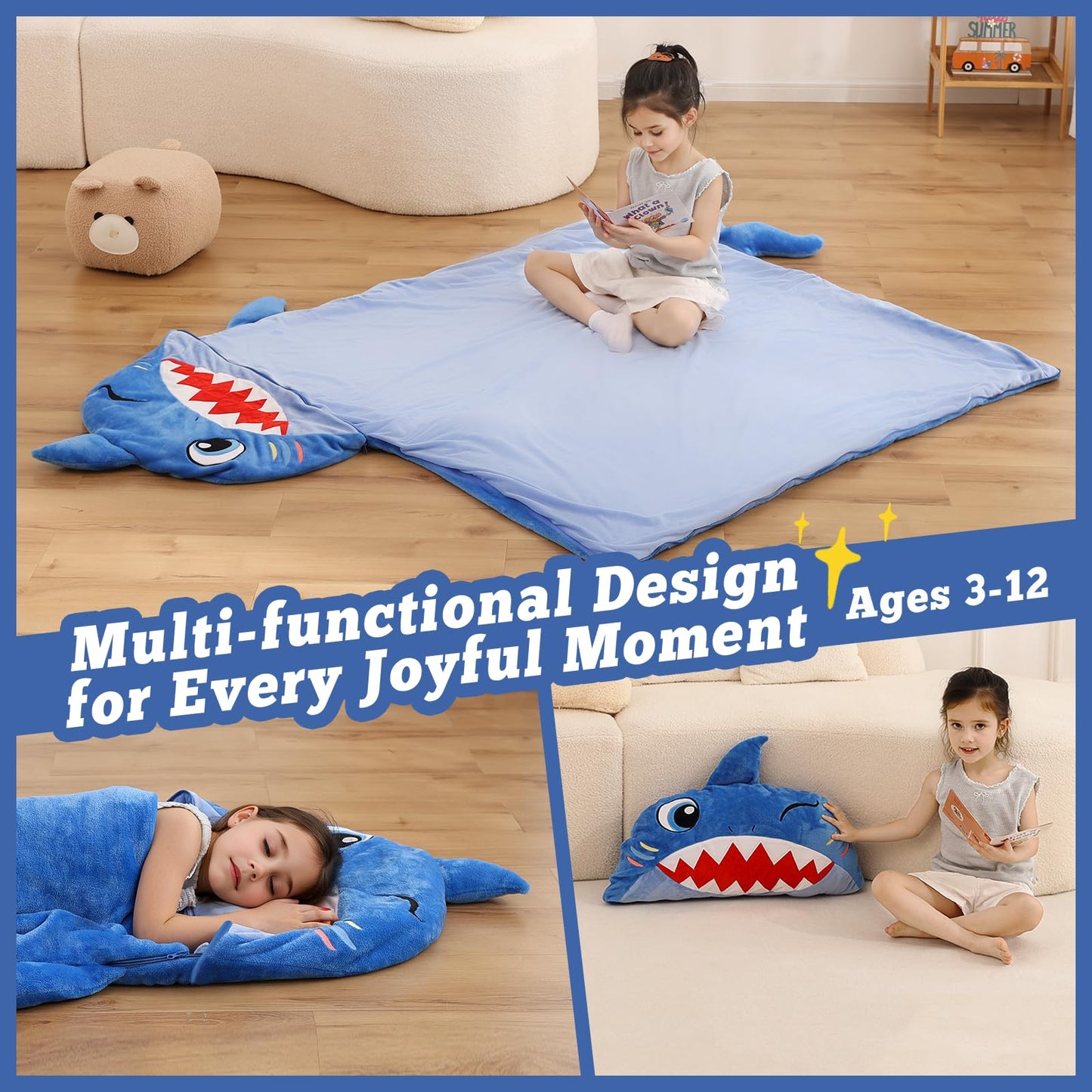 Kyerlish Kids Sleeping Bag & 2-in-1 Plush Shark Nap Mat – 68 x 26 inches
