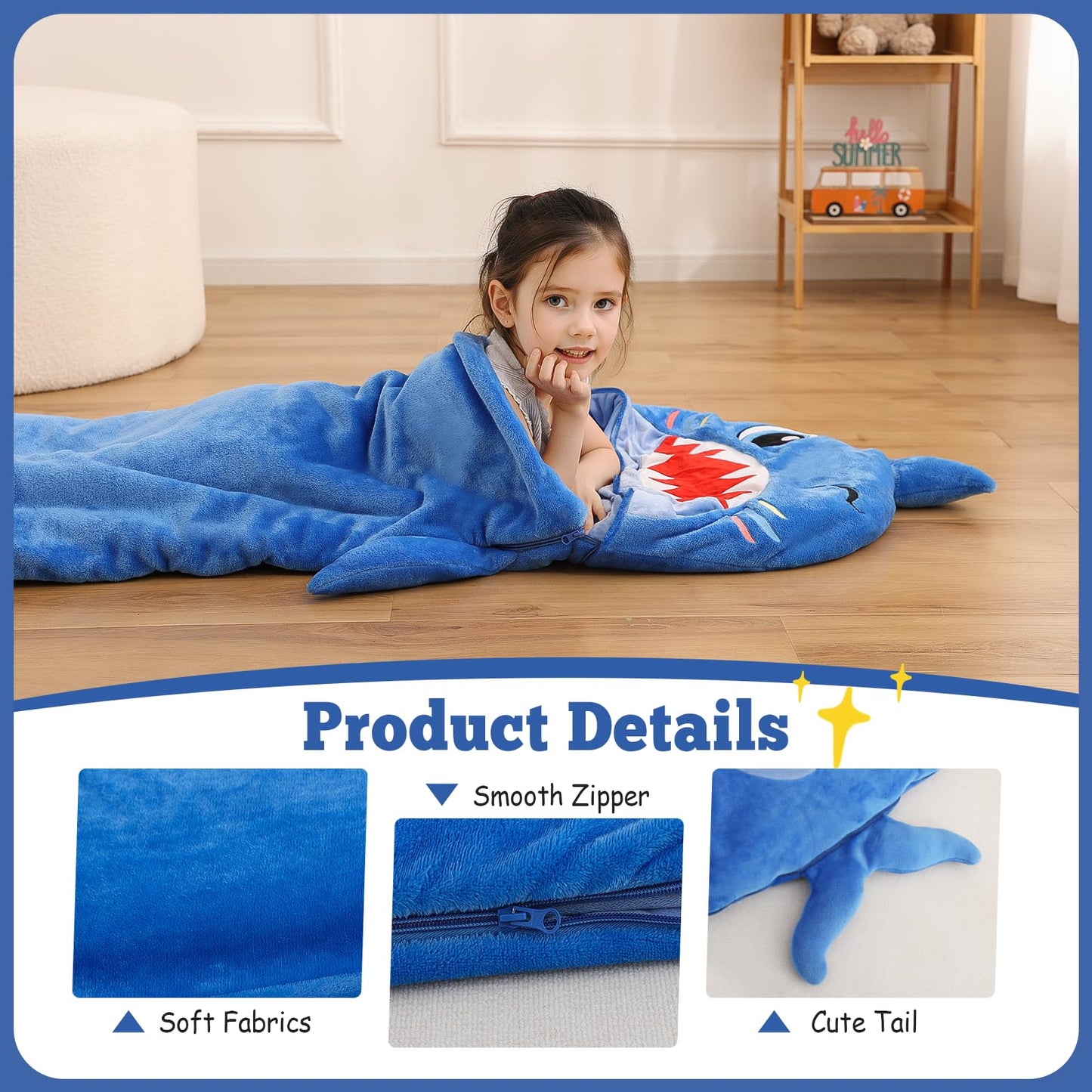Kyerlish Kids Sleeping Bag & 2-in-1 Plush Shark Nap Mat – 68 x 26 inches