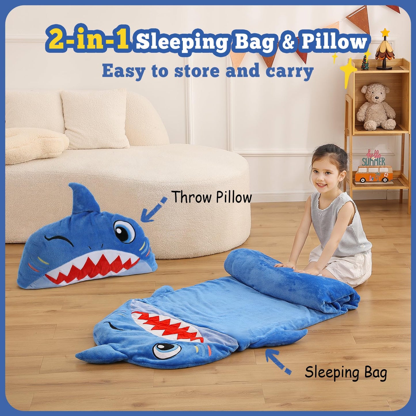 Kyerlish Kids Sleeping Bag & 2-in-1 Plush Shark Nap Mat – 68 x 26 inches