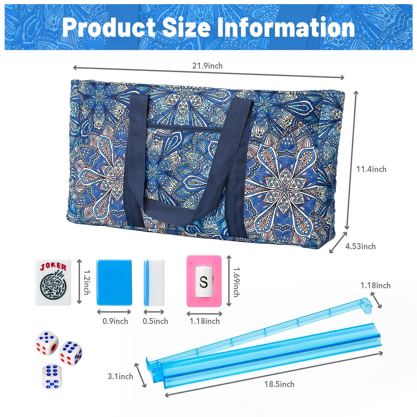 Kyerlish American Mahjong Tile Set — 166 Premium Tiles, Blue Printed Carrying Bag, 4 All-in-One Racks/Pushers