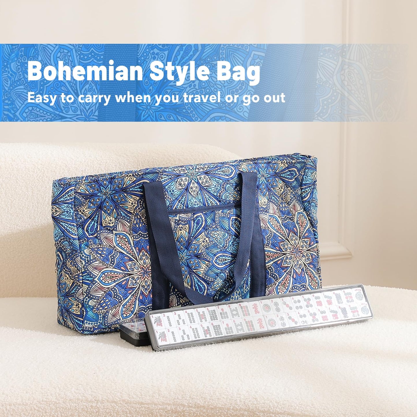 Kyerlish American Mahjong Tile Set — 166 Premium Tiles, Blue Printed Carrying Bag, 4 All-in-One Racks/Pushers