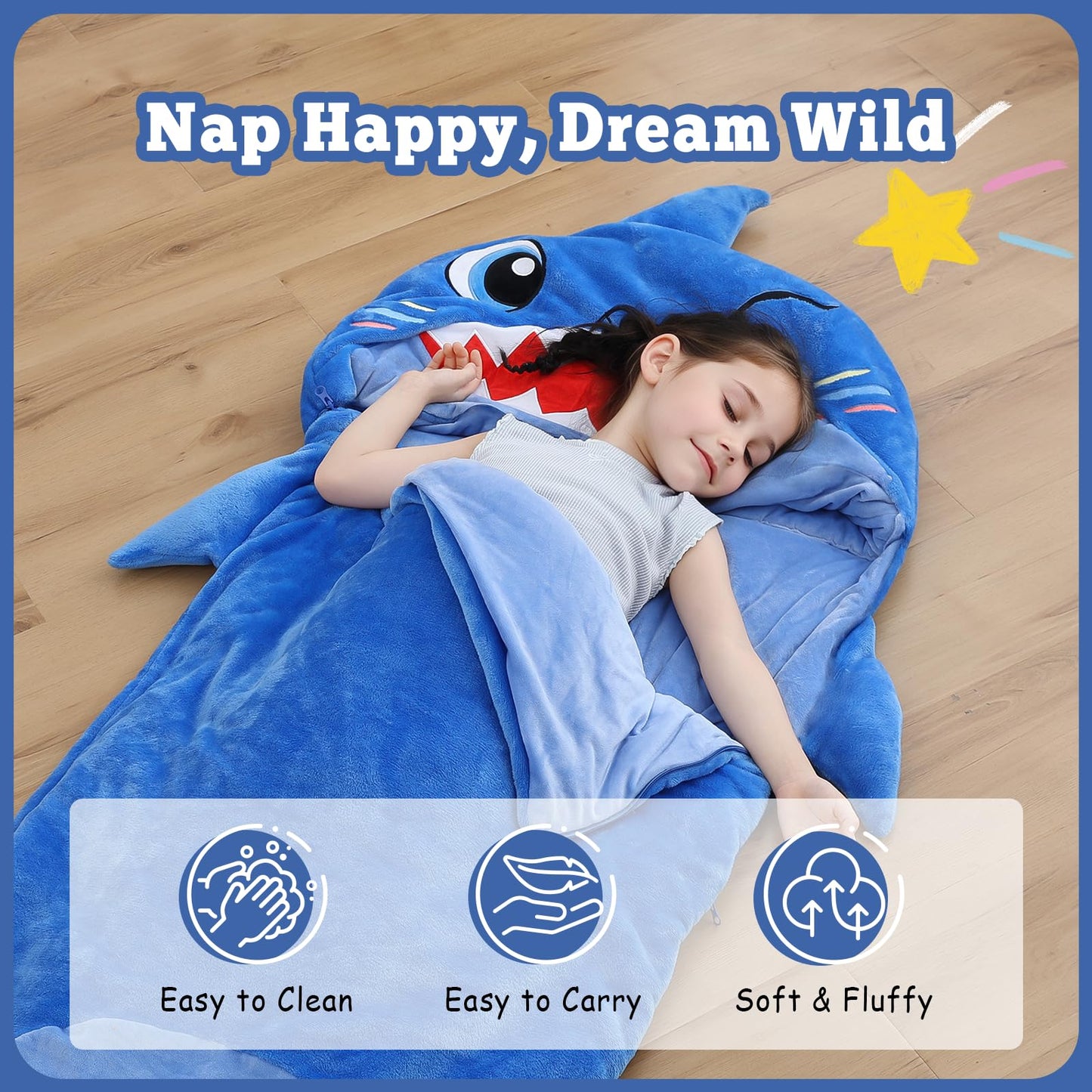 Kyerlish Kids Sleeping Bag & 2-in-1 Plush Shark Nap Mat – 68 x 26 inches