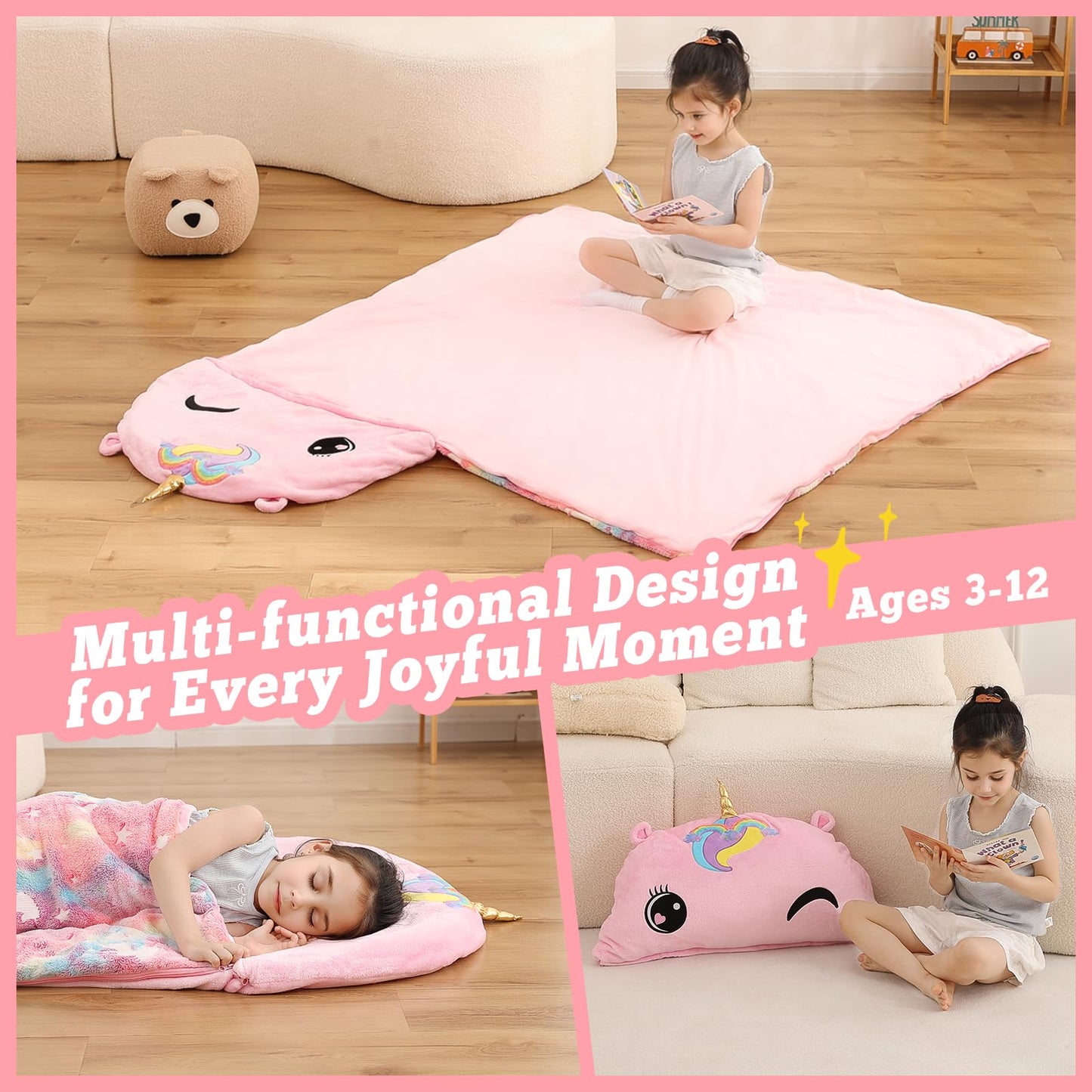 Kyerlish Kids Sleeping Bag – 2-in-1 Unicorn Plush Nap Mat (68 x 26), Ages 3–12