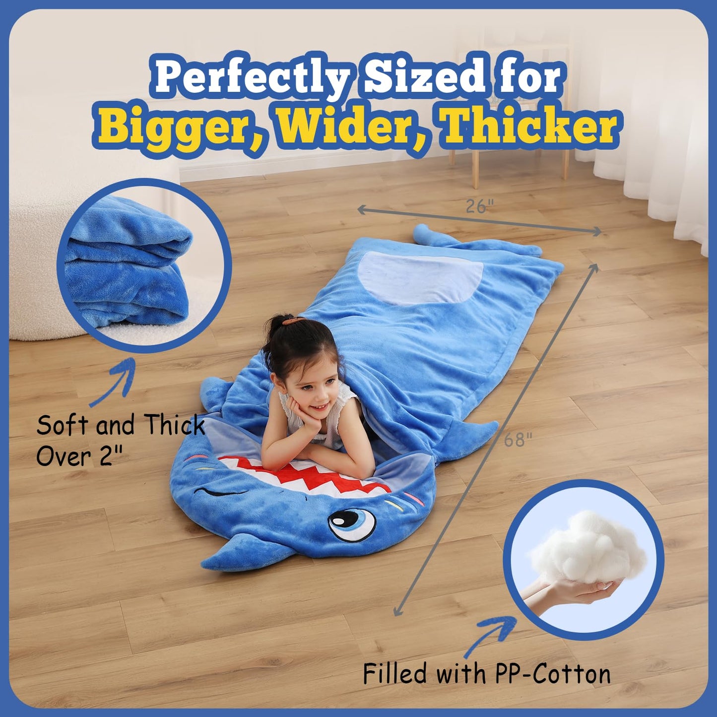 Kyerlish Kids Sleeping Bag & 2-in-1 Plush Shark Nap Mat – 68 x 26 inches