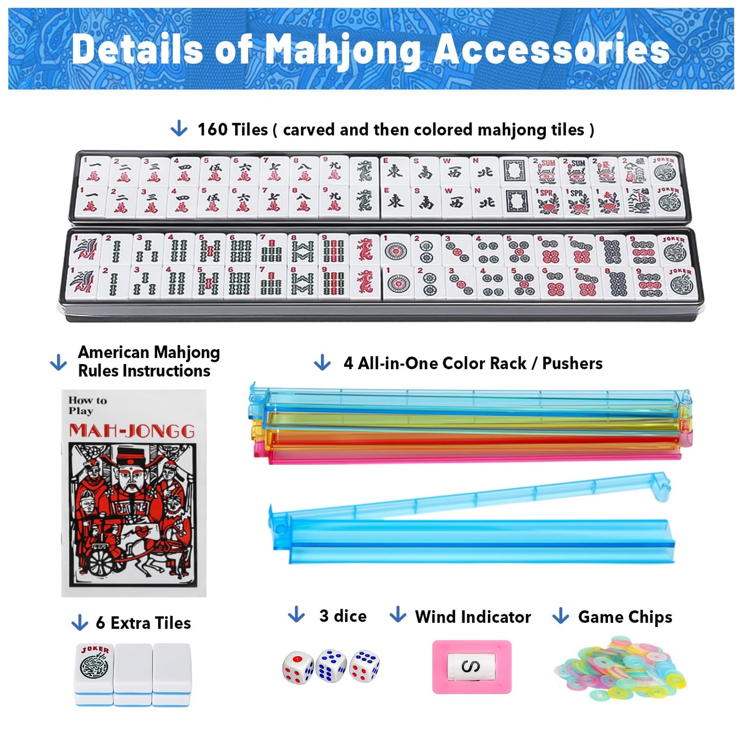 Kyerlish American Mahjong Tile Set — 166 Premium Tiles, Blue Printed Carrying Bag, 4 All-in-One Racks/Pushers