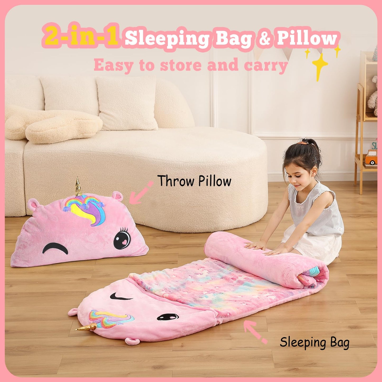 Kyerlish Kids Sleeping Bag – 2-in-1 Unicorn Plush Nap Mat (68 x 26), Ages 3–12