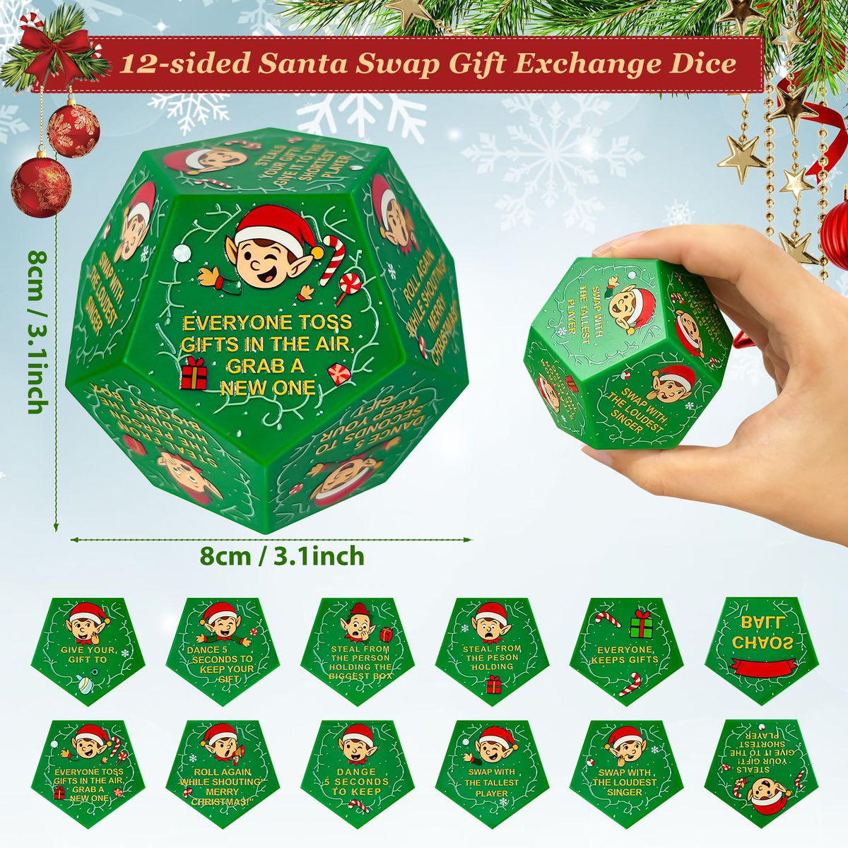 kykake 2025 Santa Swap Gift Exchange Dice — Large Christmas Gift Dice for Teens & Adults
