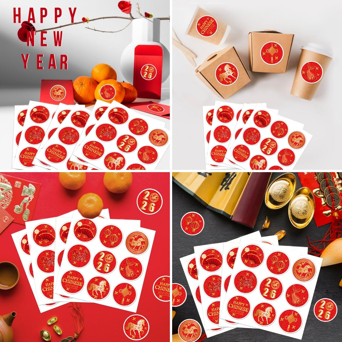KYMY 2026 Chinese New Year Stickers – 180 Pcs Zodiac Horse Theme for Bottles, Envelopes & Decor