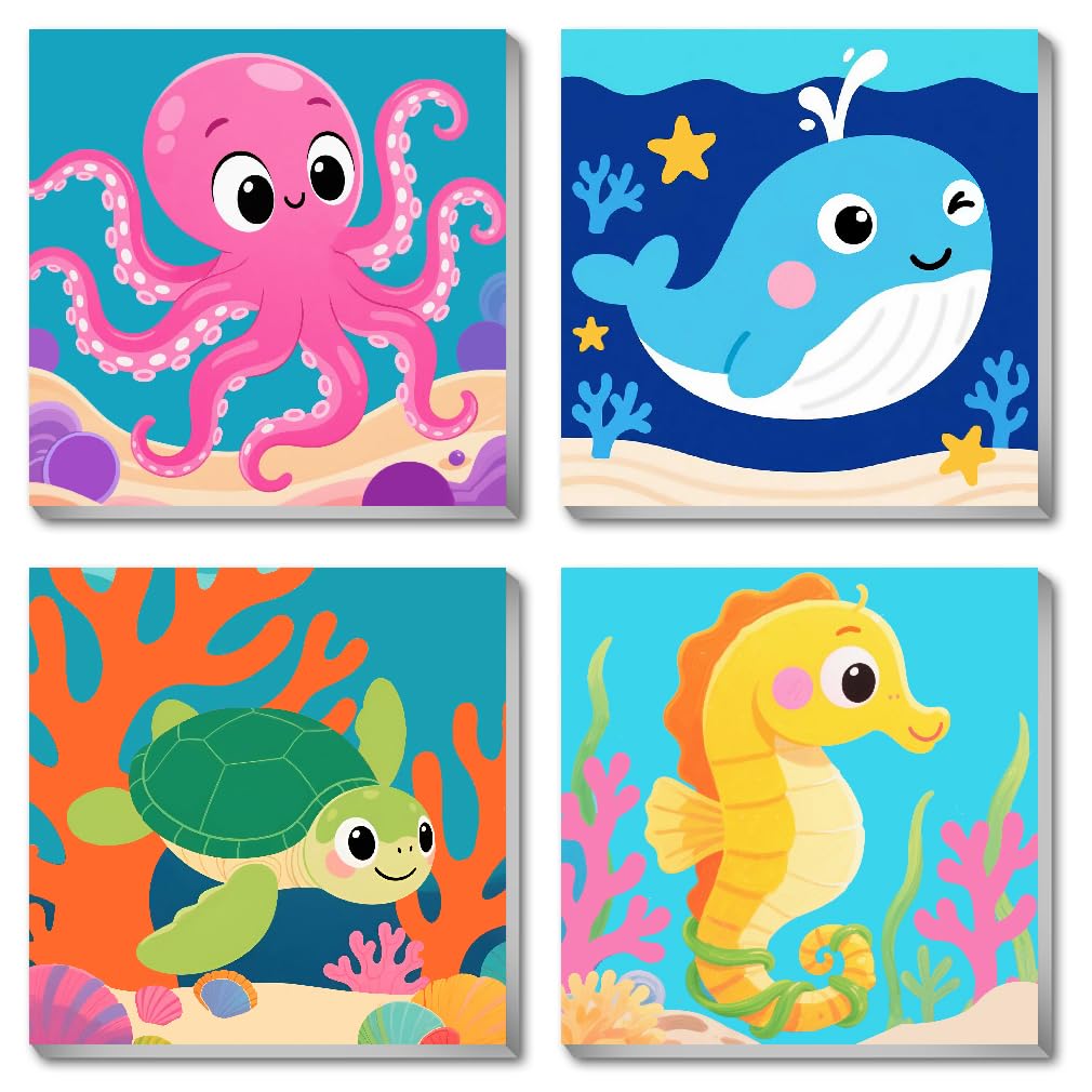 KYOQFVN Framed 4 Pack Paint by Number for Kids – Ocean Animals (8x8in)