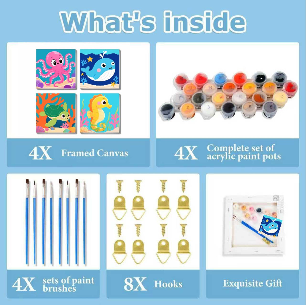 KYOQFVN Framed 4 Pack Paint by Number for Kids – Ocean Animals (8x8in)