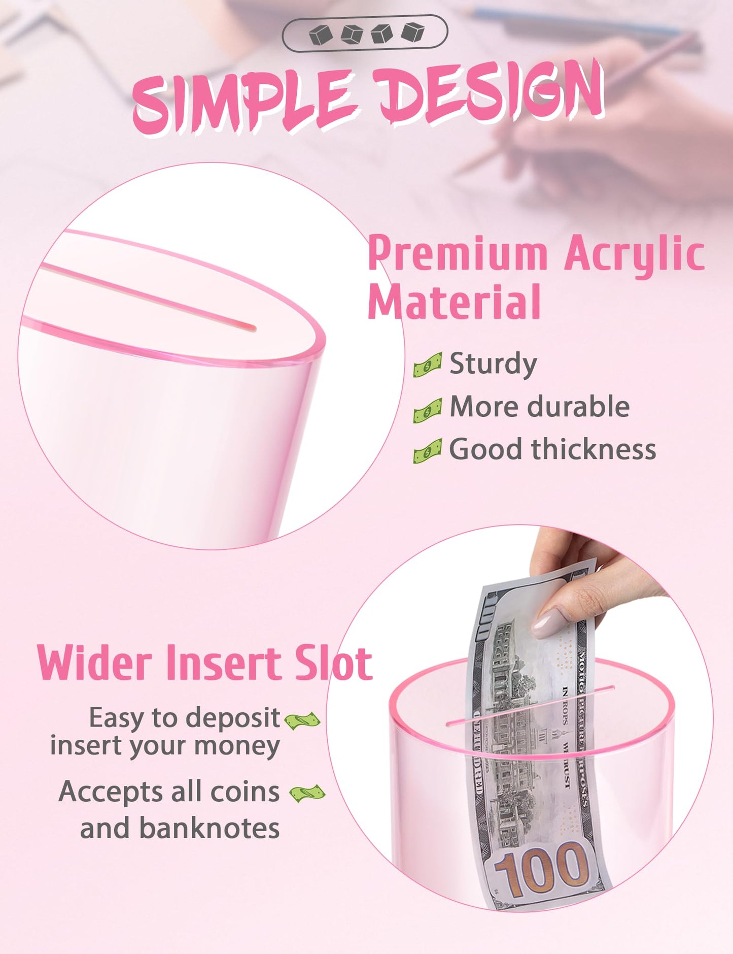 Kypeeka Clear Pink Acrylic Piggy Bank – Must Break to Open, 8-inch H x 5-inch Diameter