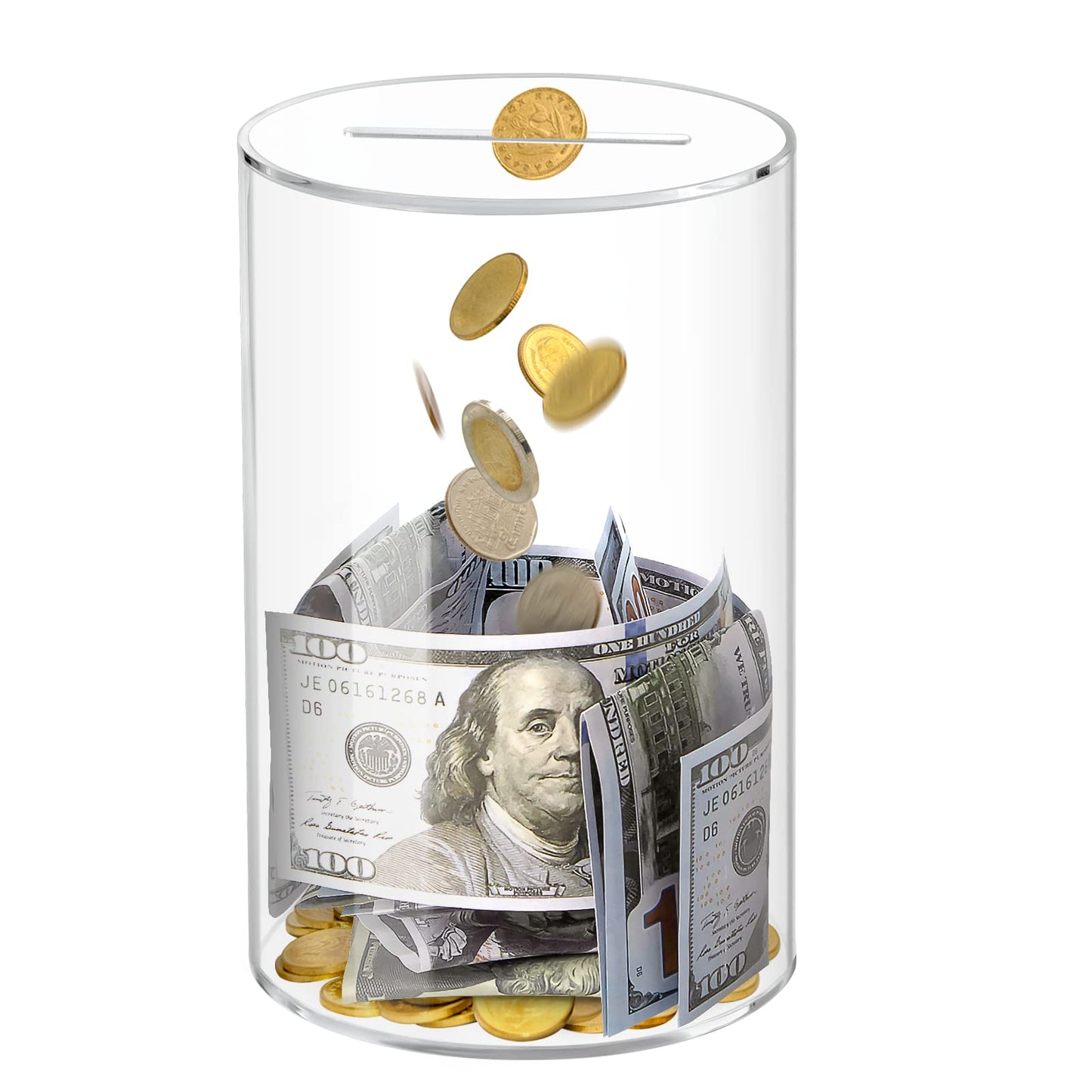 Kypeeka Clear Acrylic Piggy Bank – Break-to-Open Savings Jar, 8 inches tall by 5 inches diameter
