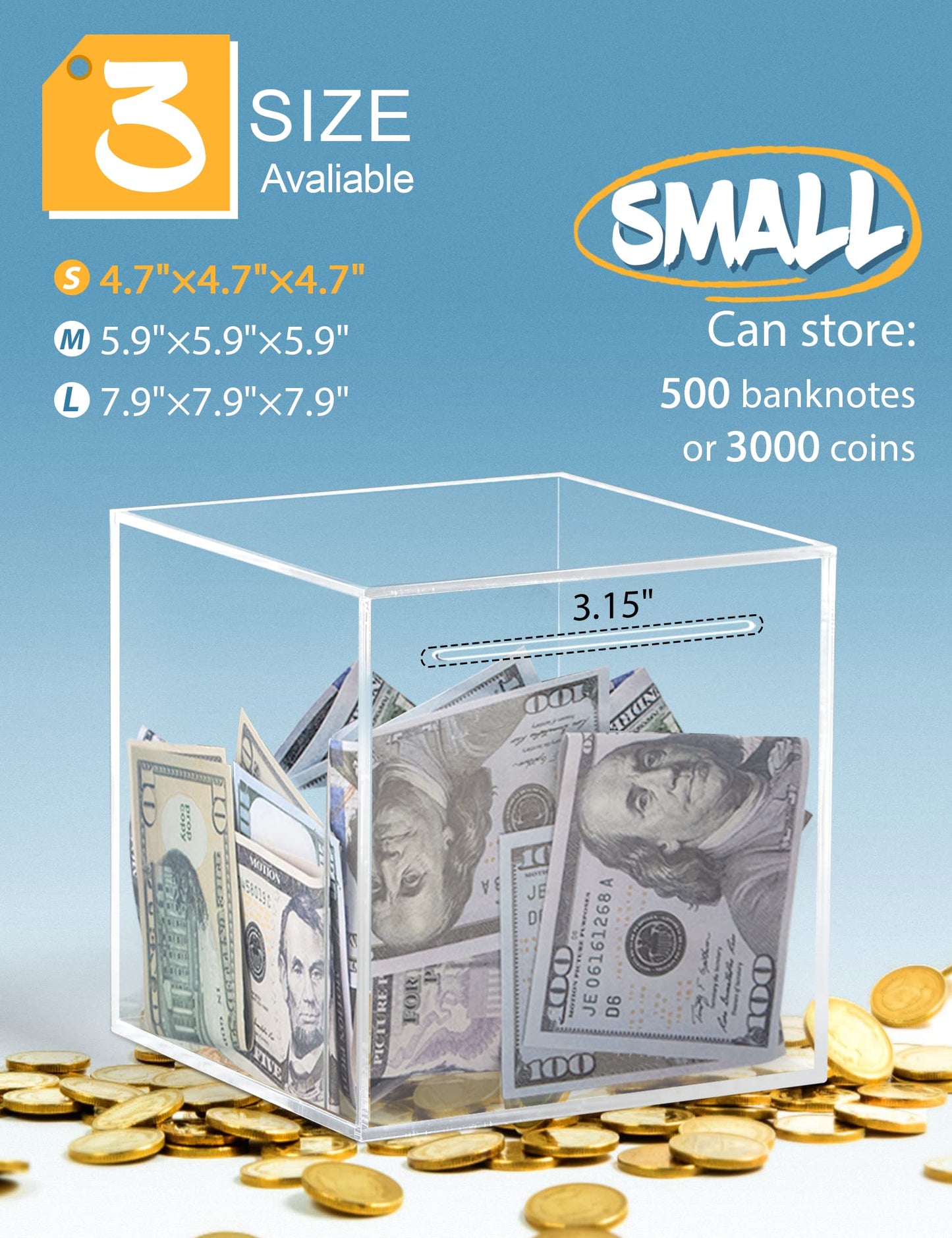Kypeeka Clear Acrylic Piggy Bank - Unopenable Saving Box, 4.72 Inches Tall