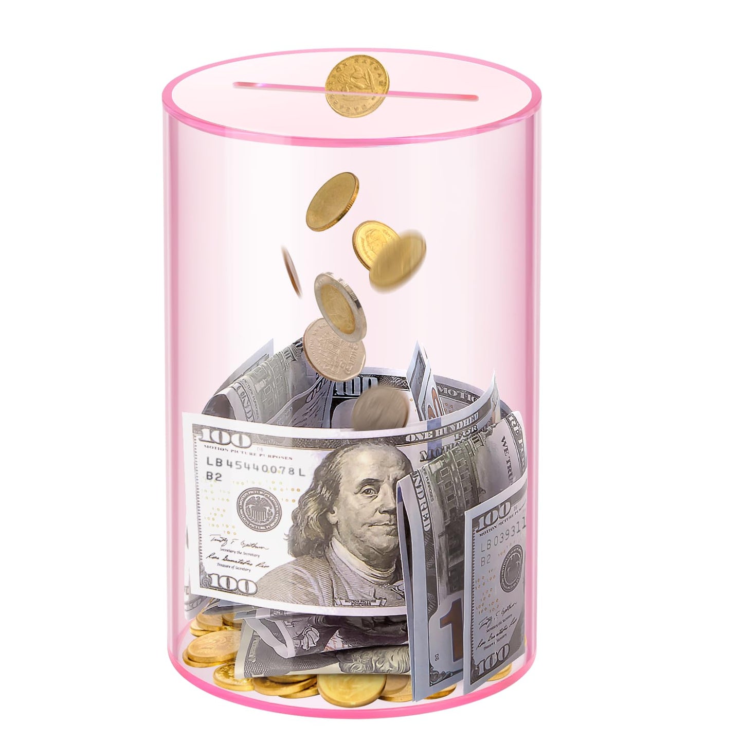 Kypeeka Clear Pink Acrylic Piggy Bank – Must Break to Open, 8-inch H x 5-inch Diameter
