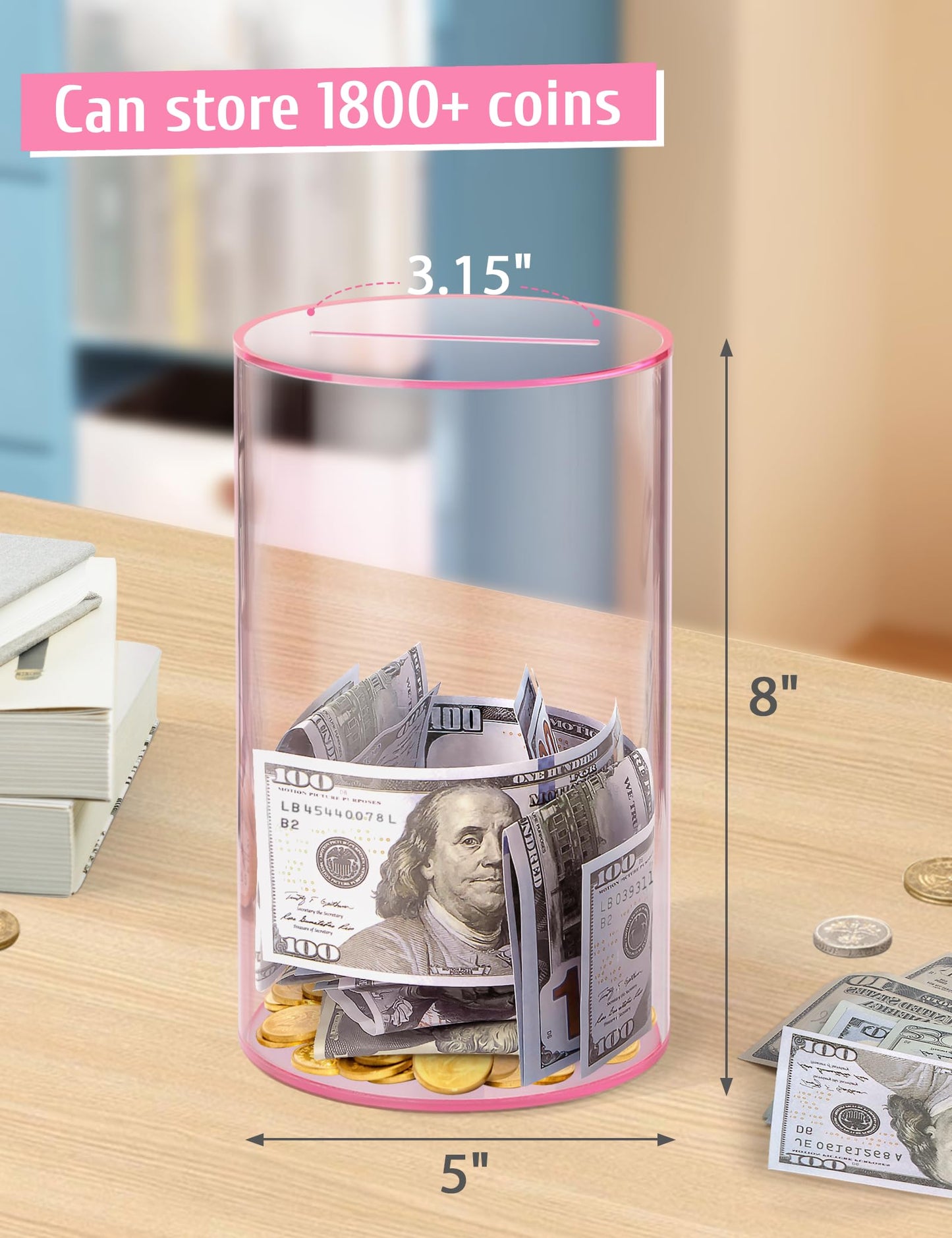 Kypeeka Clear Pink Acrylic Piggy Bank – Must Break to Open, 8-inch H x 5-inch Diameter