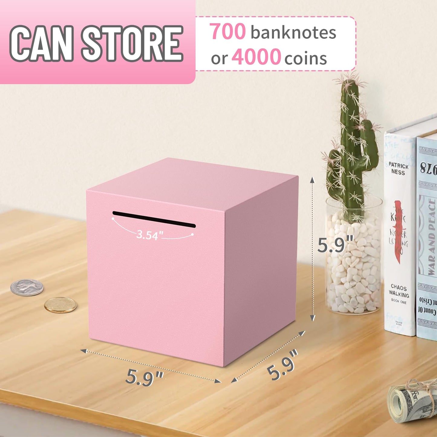 Kypeeka Adults Piggy Bank – Unbreakable Stainless Steel, Must Break to Open (Pink, 5.9 inch)