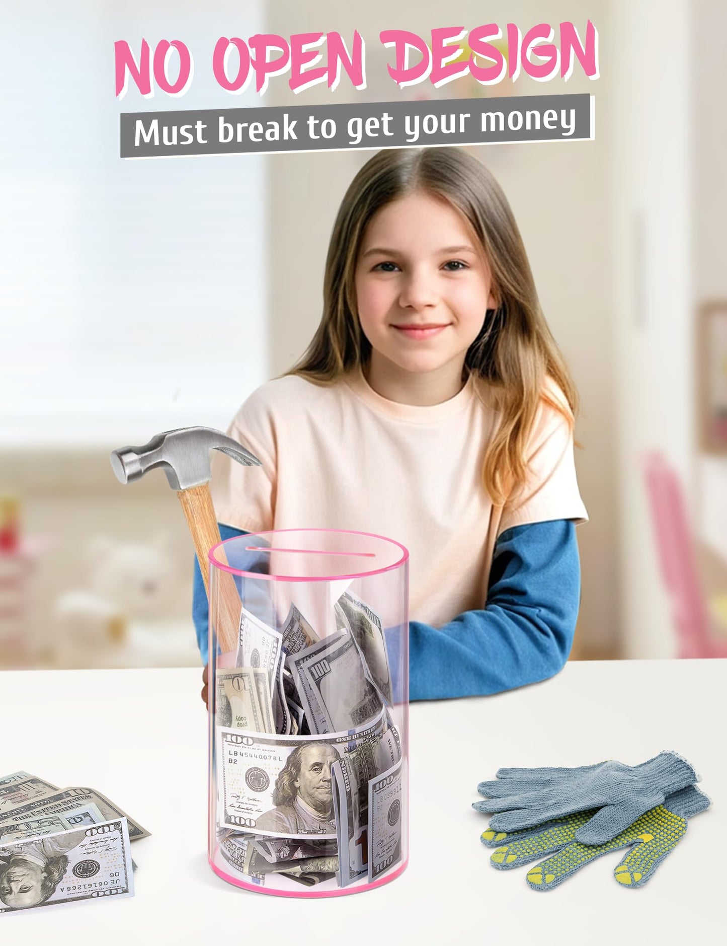 Kypeeka Clear Pink Acrylic Piggy Bank – Must Break to Open, 8-inch H x 5-inch Diameter