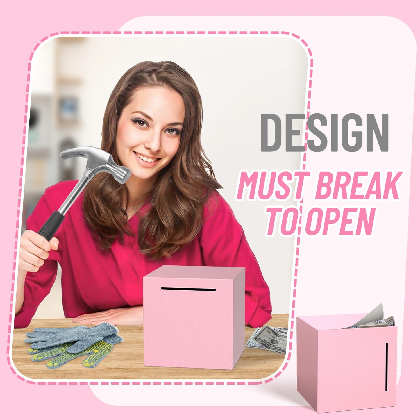 Kypeeka Adults Piggy Bank – Unbreakable Stainless Steel, Must Break to Open (Pink, 5.9 inch)