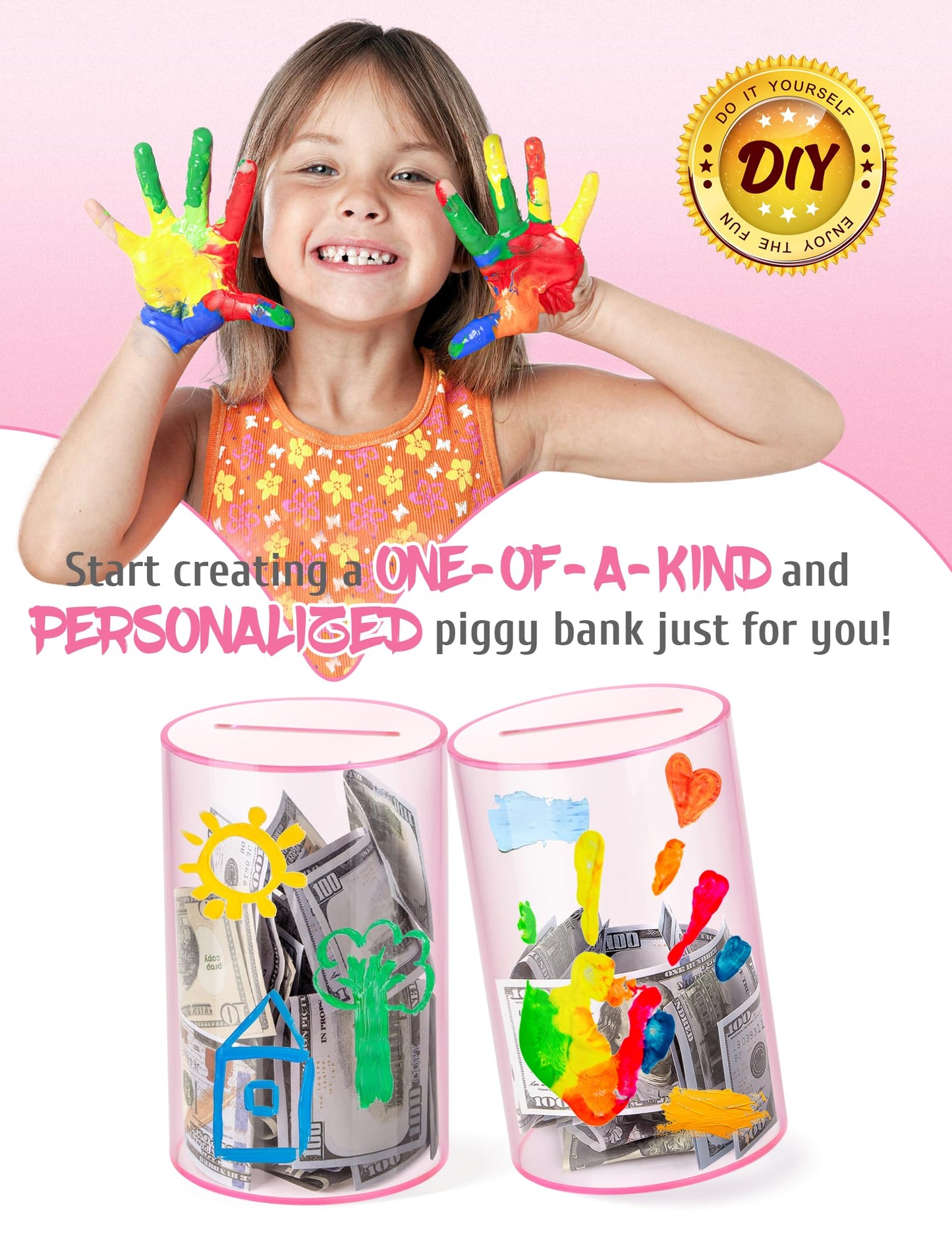 Kypeeka Clear Pink Acrylic Piggy Bank – Must Break to Open, 8-inch H x 5-inch Diameter